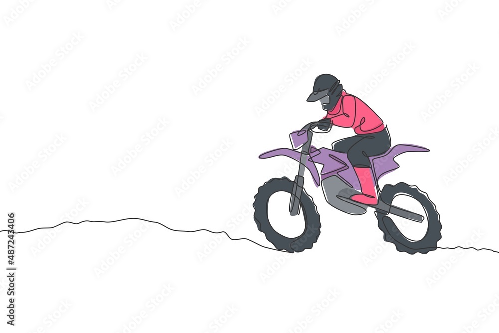 One single line drawing of young motocross rider conquer track obstacles at race track vector illustration. Extreme sport concept. Modern continuous line draw design for motocross race event banner
