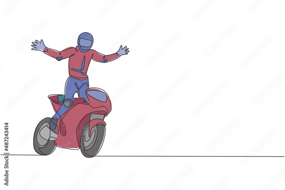 One single line drawing of young moto biker open up his hands to celebrate his winning vector illustration. Superbike racing concept. Modern continuous line draw design for motor racer event banner One single line drawing of young moto biker open up his hands to celebrate his winning vector illustration. Superbike racing concept. Modern continuous line draw design for motor racer event banner