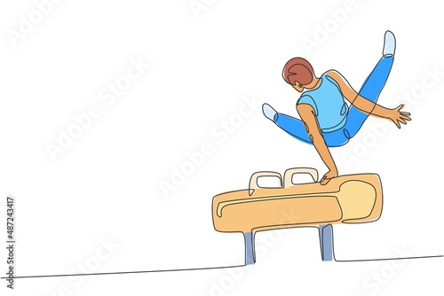 Single continuous line drawing young handsome professional gymnast man perform acrobatic motion. Pommel horse training and stretching concept. Trendy one line draw design vector graphic illustration