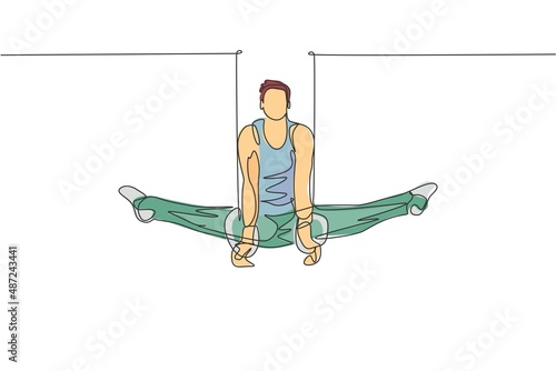 One single line drawing of young handsome gymnast man exercising steady rings graphic vector illustration. Healthy lifestyle and athletic sport concept. Modern continuous line draw design