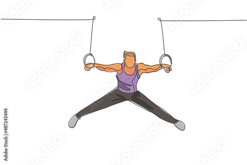 One continuous line drawing of young man exercising steady rings at gymnastic. Gymnast athlete in leotard. Healthy sport and active concept. Dynamic single line draw design vector illustration graphic