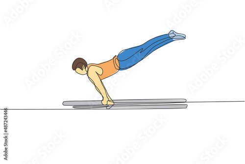 One single line drawing of young handsome gymnast man exercising parallel bars vector graphic illustration. Healthy lifestyle and athletic sport concept. Modern continuous line draw design