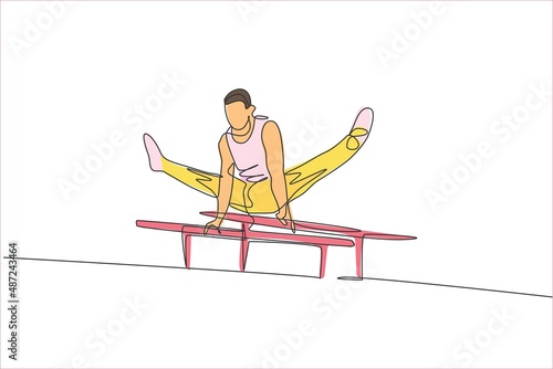 Single continuous line drawing young handsome professional gymnast man perform acrobatic motion. Parallel bars training and stretching concept. Trendy one line draw design vector graphic illustration