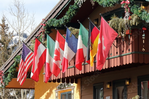 Flags on Wooden Building