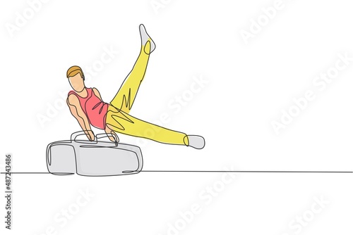 One single line drawing of young handsome gymnast man exercising pommel horse graphic vector illustration. Healthy lifestyle and athletic sport concept. Modern continuous line draw design