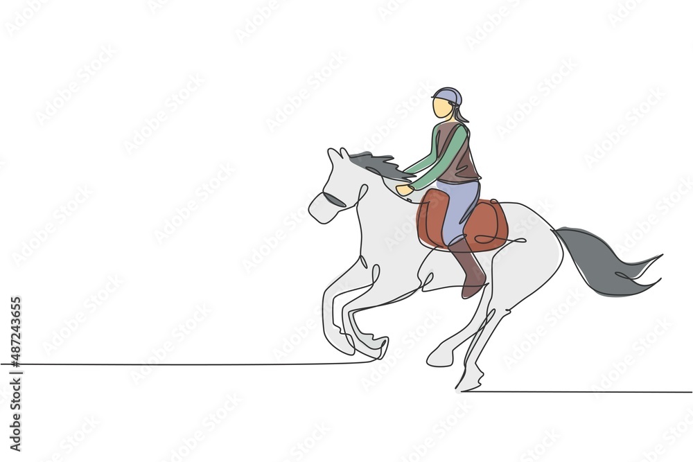 Single continuous line drawing of young professional horseback rider running with a horse around the stables. Equestrian sport training process concept. Trendy one line draw design vector illustration