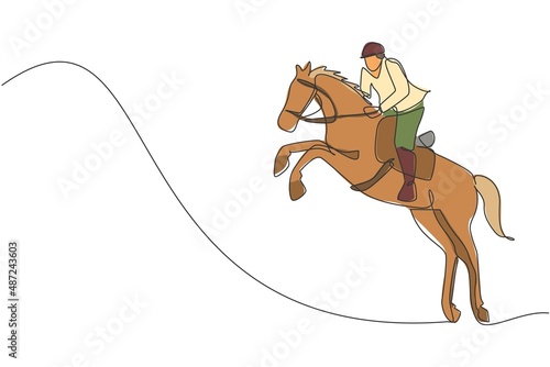 One continuous line drawing young horse rider man in jumping action. Equine training at racing track. Equestrian sport competition concept. Dynamic single line draw design vector illustration graphic