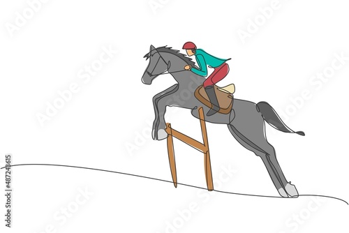 Single continuous line drawing of young professional horseback rider jumping with a horse over the hurdle. Equestrian sport training process concept. Trendy one line draw design vector illustration