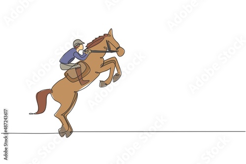 Single continuous line drawing of young professional horseback rider try to tame the horse at the stables. Equestrian sport training process concept. Trendy one line draw design vector illustration