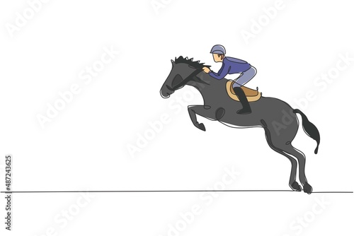 One single line drawing of young horse rider man performing dressage jumping test vector graphic illustration. Equestrian sport show competition concept. Modern continuous line draw design