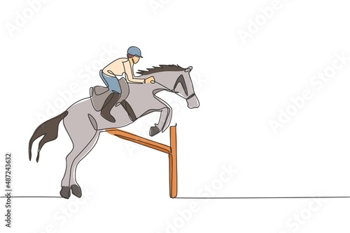 One single line drawing of young horse rider man performing dressage jumping the hurdle test vector illustration graphic. Equestrian sport show competition concept. Modern continuous line draw design photo