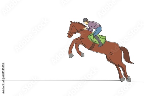 One continuous line drawing of young horse rider man in action. Train equine to jump at racing track. Equestrian sport competition concept. Dynamic single line draw design graphic vector illustration