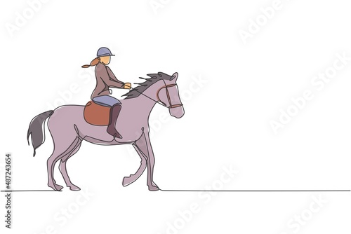 Single continuous line drawing of young professional horseback rider walking with a horse around the stables. Equestrian sport training process concept. Trendy one line draw design vector illustration