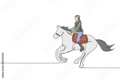 Single continuous line drawing of young professional horseback rider running with a horse around the stables. Equestrian sport training process concept. Trendy one line draw design vector illustration © Simple Line