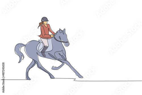One continuous line drawing of young horse rider woman in action. Equine run training at racing track. Equestrian sport competition concept. Dynamic single line draw design vector illustration graphic