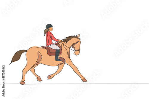 One continuous line drawing of young horse rider woman in action. Equine run training at racing track. Equestrian sport competition concept. Dynamic single line draw design graphic vector illustration