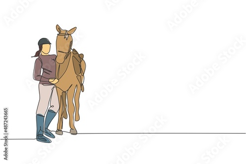 Single continuous line drawing young professional horseback rider hugging and rubbing her horsehair. Equestrian sport training process concept. Trendy one line draw design vector graphic illustration
