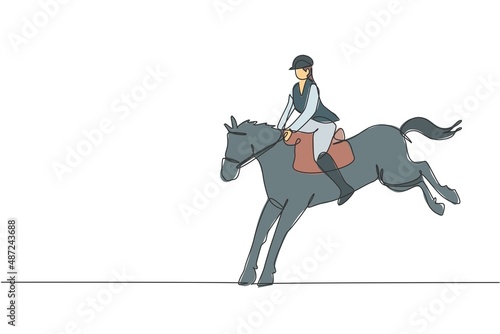 One single line drawing of young horse rider man performing dressage jumping test vector illustration graphic. Equestrian sport show competition concept. Modern continuous line draw design
