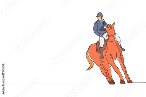 One single line drawing of young horse rider man performing dressage running test graphic vector illustration. Equestrian sport show competition concept. Modern continuous line draw design