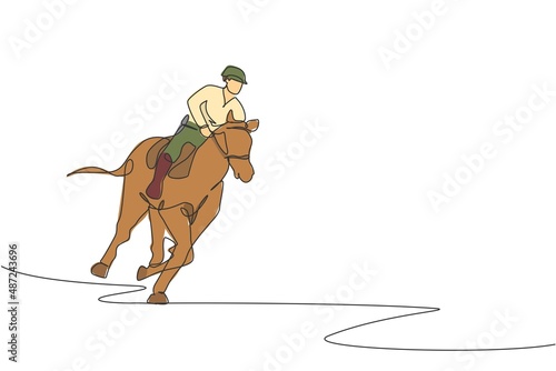 Single continuous line drawing of young professional horseback rider running with a horse around the stables. Equestrian sport training process concept. Trendy one line draw design vector illustration
