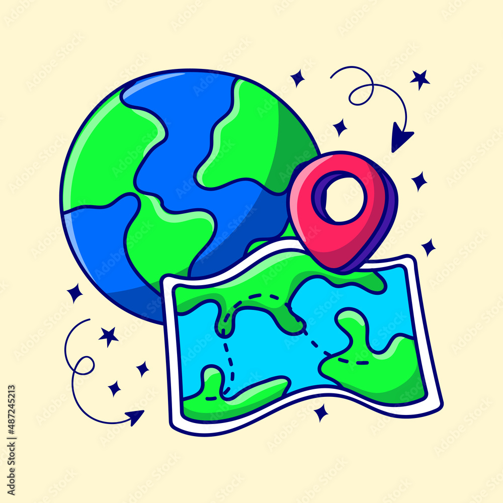 Map and globe clipart with colored hand drawn doodle style Map and globe clipart with colored hand drawn doodle style