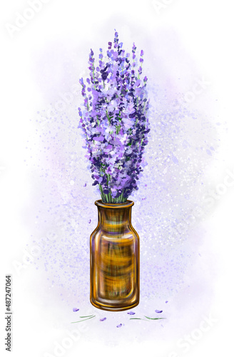 Lavender in a watercolor vase. Purple bouquet of flowers in a glass brown glass bottle on a delicate blurred background. Fragrance, blooming perfumes. Watercolor illustration