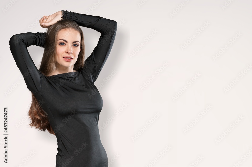 Beautiful Young woman lifting hands up to show off clean and hygienic armpit, Smooth armpit cleanliness and protection concept Beautiful Young woman lifting hands up to show off clean and hygienic armpit, Smooth armpit cleanliness and protection concept