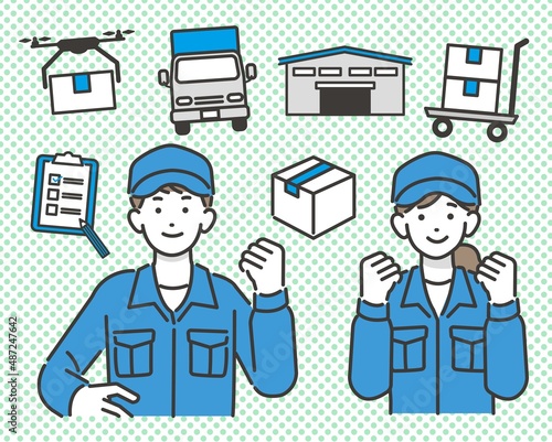 つなぎをきた作業員と物流（ロジスティクス）ののアイコンのベクターイラスト素材／在庫／流通／製造