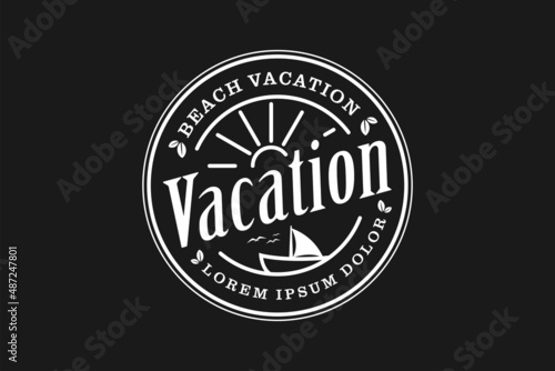 Ocean Sea Wave Birds Sun for Summer Surf Beach Vacation Holiday Line Art Vintage Hipster Label Stamp Logo design 