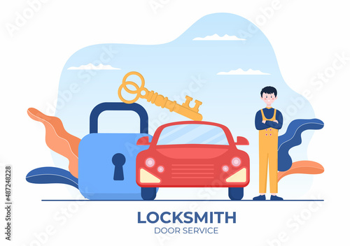 Locksmith Repairman Car Door Repair, Maintenance and Installation Service with Equipment as Screwdriver or Key in Flat Cartoon Background Illustration
