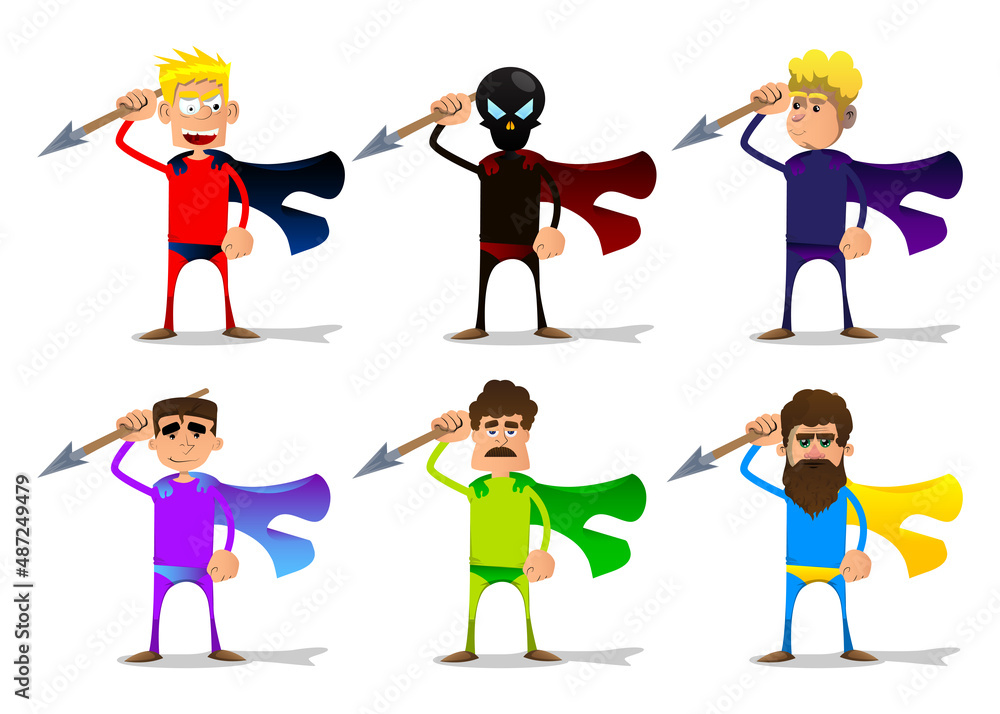 Funny cartoon man dressed as a superhero holding spear in his hand. Vector illustration. Funny cartoon man dressed as a superhero holding spear in his hand. Vector illustration.