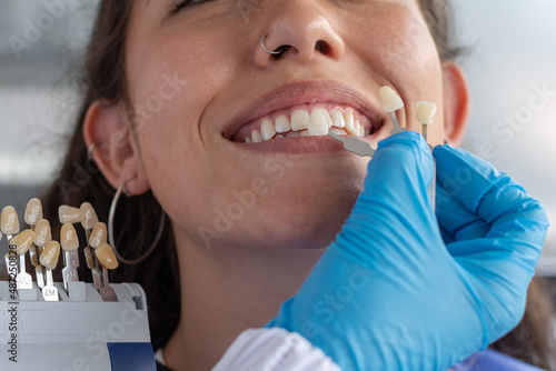 Wallpaper Mural Dentist woman with a patient checking the color of her teeth Torontodigital.ca