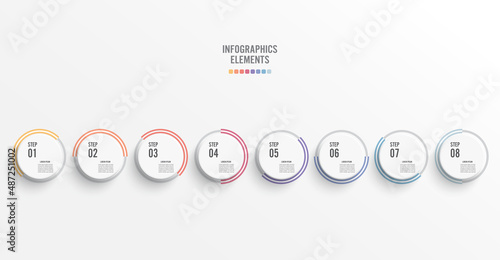 Template timeline infographic colored horizontal numbered for eigh position. Business concept with 8 options. can be used for workflow, banner, diagram, web design, area chart. photo