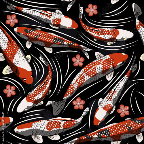 Doodle koi carps seamless pattern vector. Japanese art.
