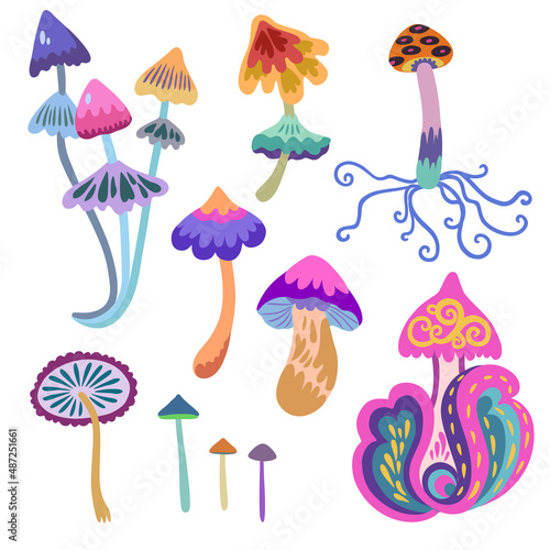 Set of psychedelic and fairy colorful mushrooms isolated on white background. Vector hand drawn illustration.