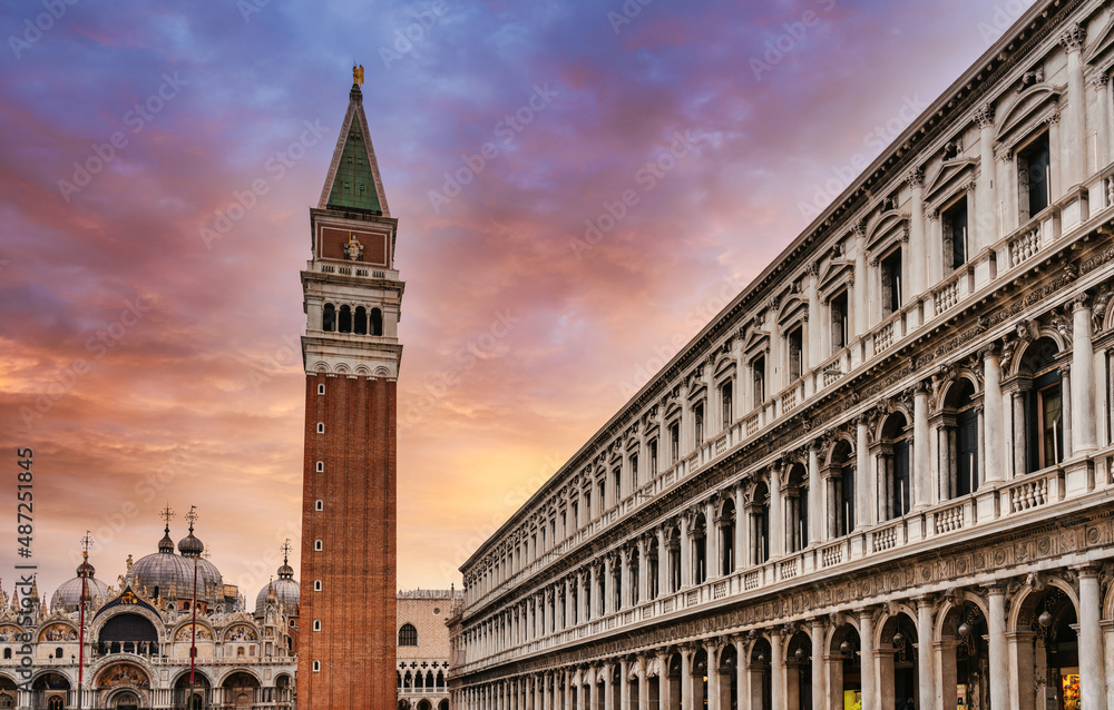 St Mark's square and basilica in Venice, Italy at the sunset.