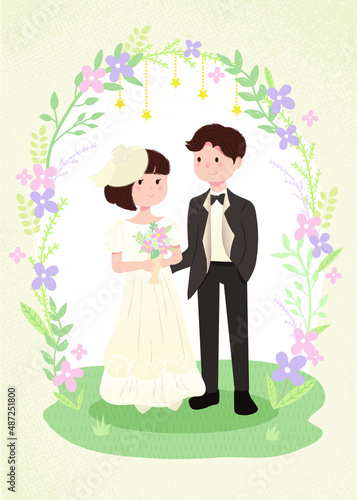 Wedding invitation with bride and groom portrait illustration and flower arch.