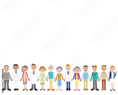 手を繋ぐ老人と医療従事者
