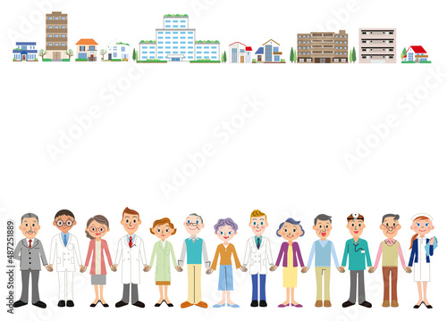 手を繋ぐ老人と医療従事者と街並