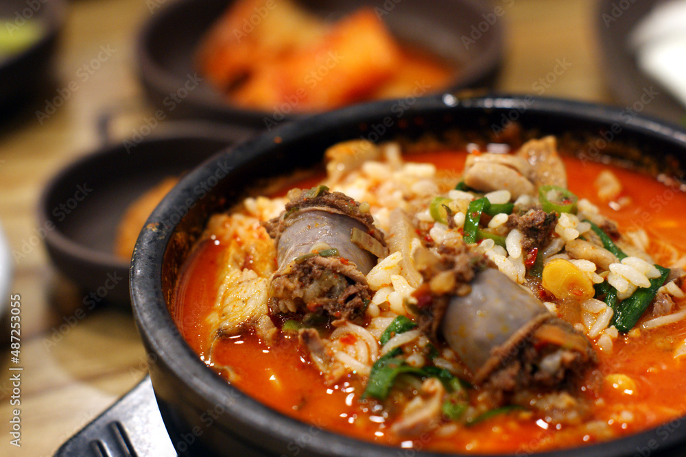 korean style spicy blood sausage soup. korean style spicy blood sausage soup.