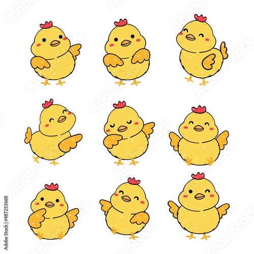 group of cute playful baby yellow chicken dancing farm livestock collection, playful animal cartoon hand drawing outline vector, gentleman chicken