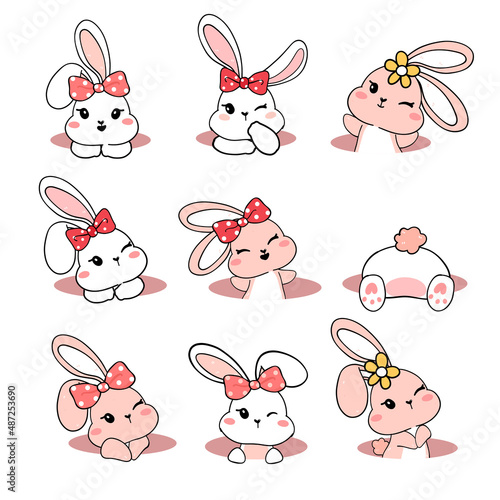 group of cute playful white baby bunny rabbit in hole collection, playful animal cartoon hand drawing outline vector, sweet baby girl bunny