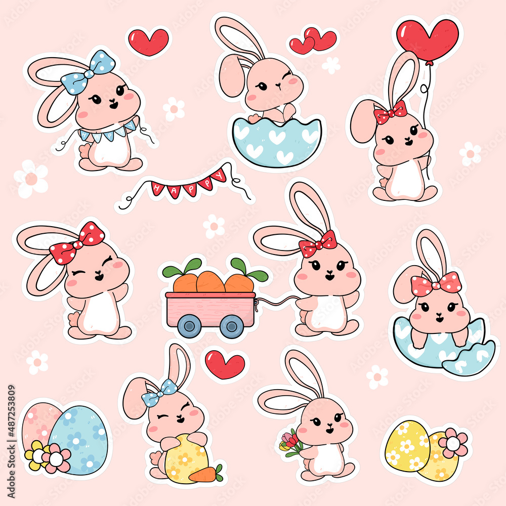 Fototapeta premium Group of cute happy white baby bunny rabbit with carrot and Easter egg sticker collection set, cartoon drawing outline vector