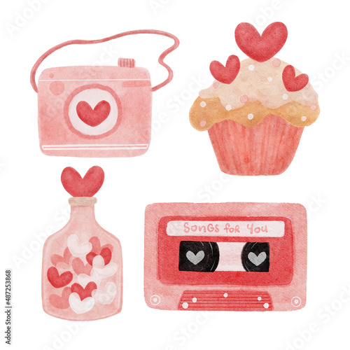 cute adorable romantic love elements cartoon watercolor vector collection, vintage camera, sweet cupcake, bottle of hearts and tape cassette