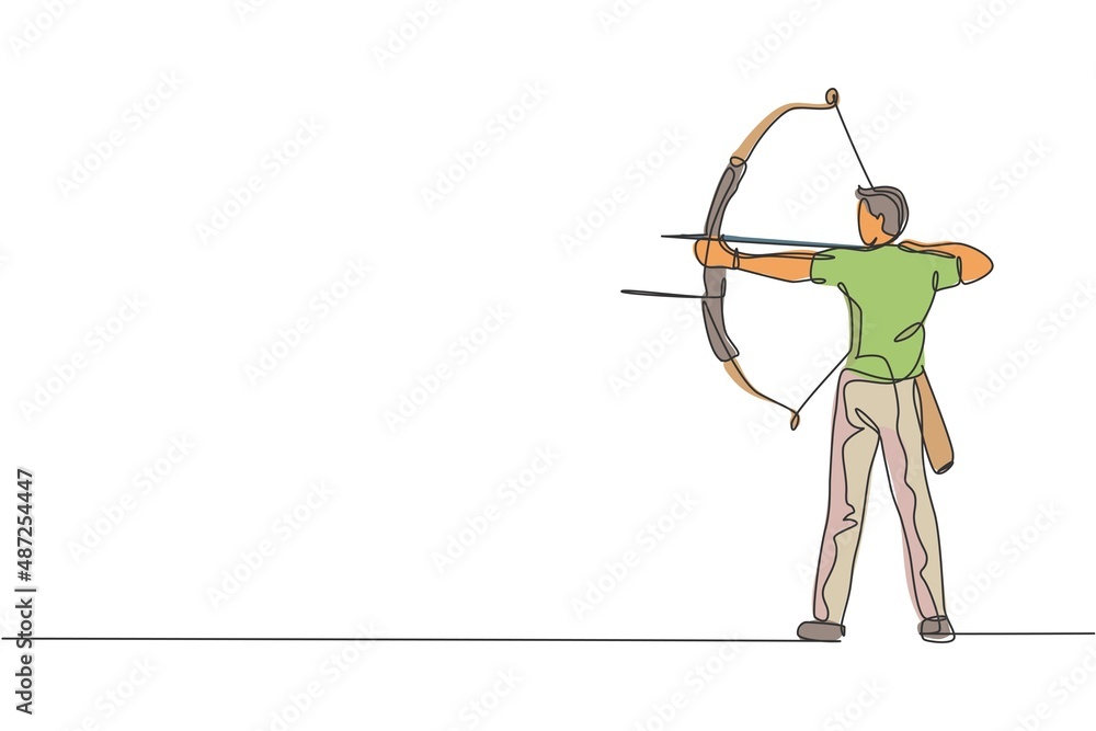 Single continuous line drawing of young professional archer man focus aiming archery target. Archery sport exercise with the bow concept. Trendy one line draw design graphic vector illustration