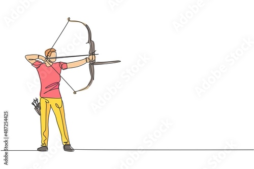 One single line drawing of young archer man focus exercising archery to hit the target vector graphic illustration. Healthy refresh shooting with bow sport concept. Modern continuous line draw design