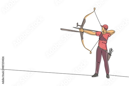 One continuous line drawing of young archer man pulling bow to shooting an archery target. Archery sport training and exercising concept. Dynamic single line draw design vector illustration graphic