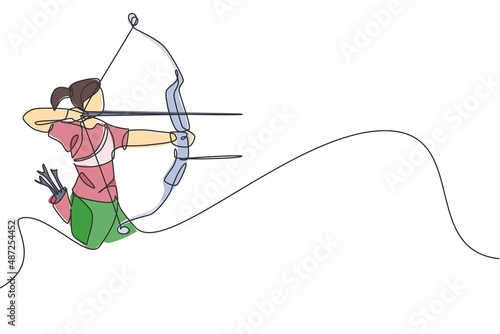 Foto Single continuous line drawing of young professional archer woman focus aiming archery target
