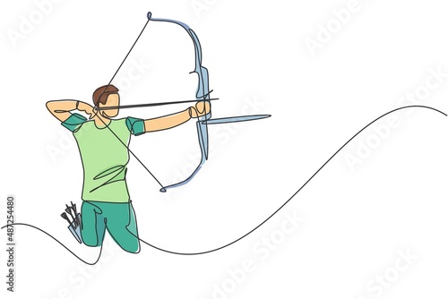 Single continuous line drawing of young professional archer man focus standing and aiming archery target. Archery sport exercise with the bow concept. Trendy one line draw design vector illustration