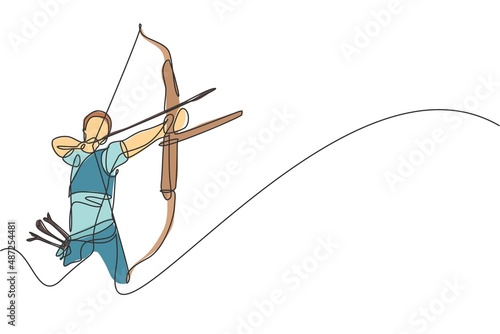 One single line drawing of young archer man focus exercising archery to hit the target vector graphic illustration. Healthy refresh shooting with bow sport concept. Modern continuous line draw design